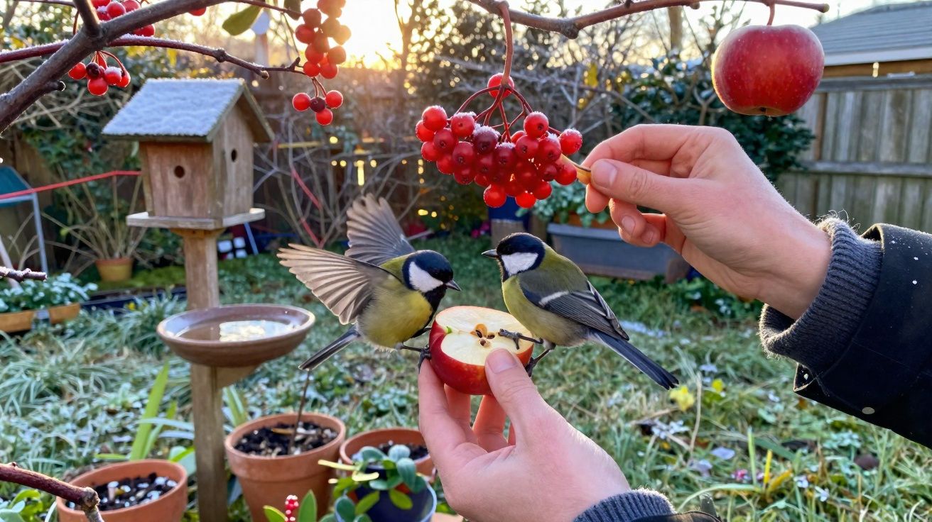 Mãos segurando maçãs e ramos com frutos, alimentando dois pássaros em jardim com comedouro e plantas.