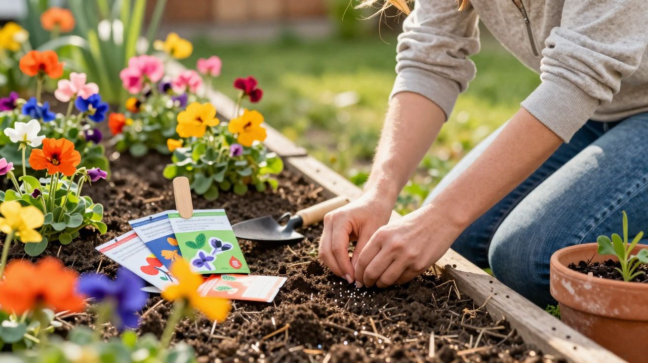 Pessoa plantando sementes em canteiro com flores coloridas ao redor em ambiente externo.