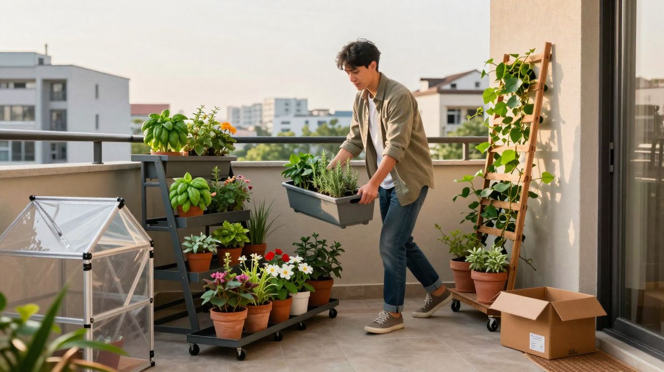 Jovem cuidando de plantas em varanda com vasos, estufa pequena e caixa de papelão.