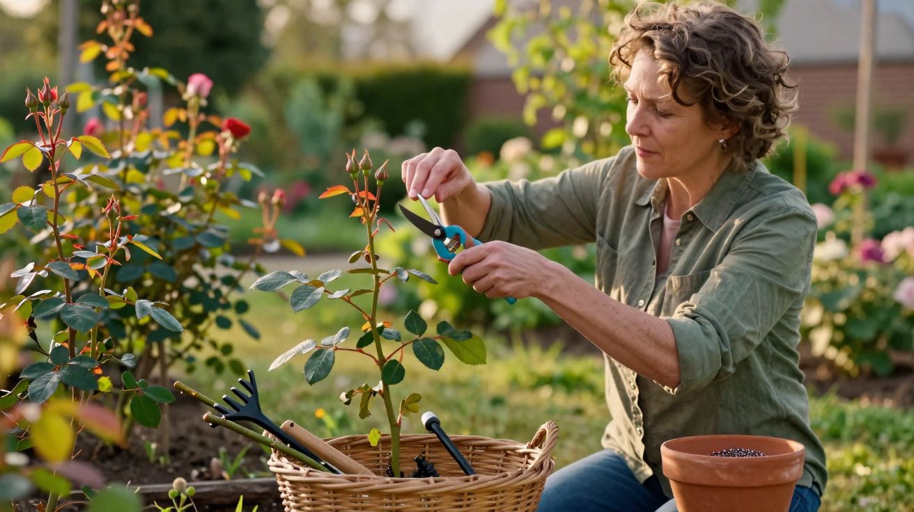 Mulher cuidando de rosas no jardim, aparando galhos com tesoura de poda ao lado de cesta com ferramentas.