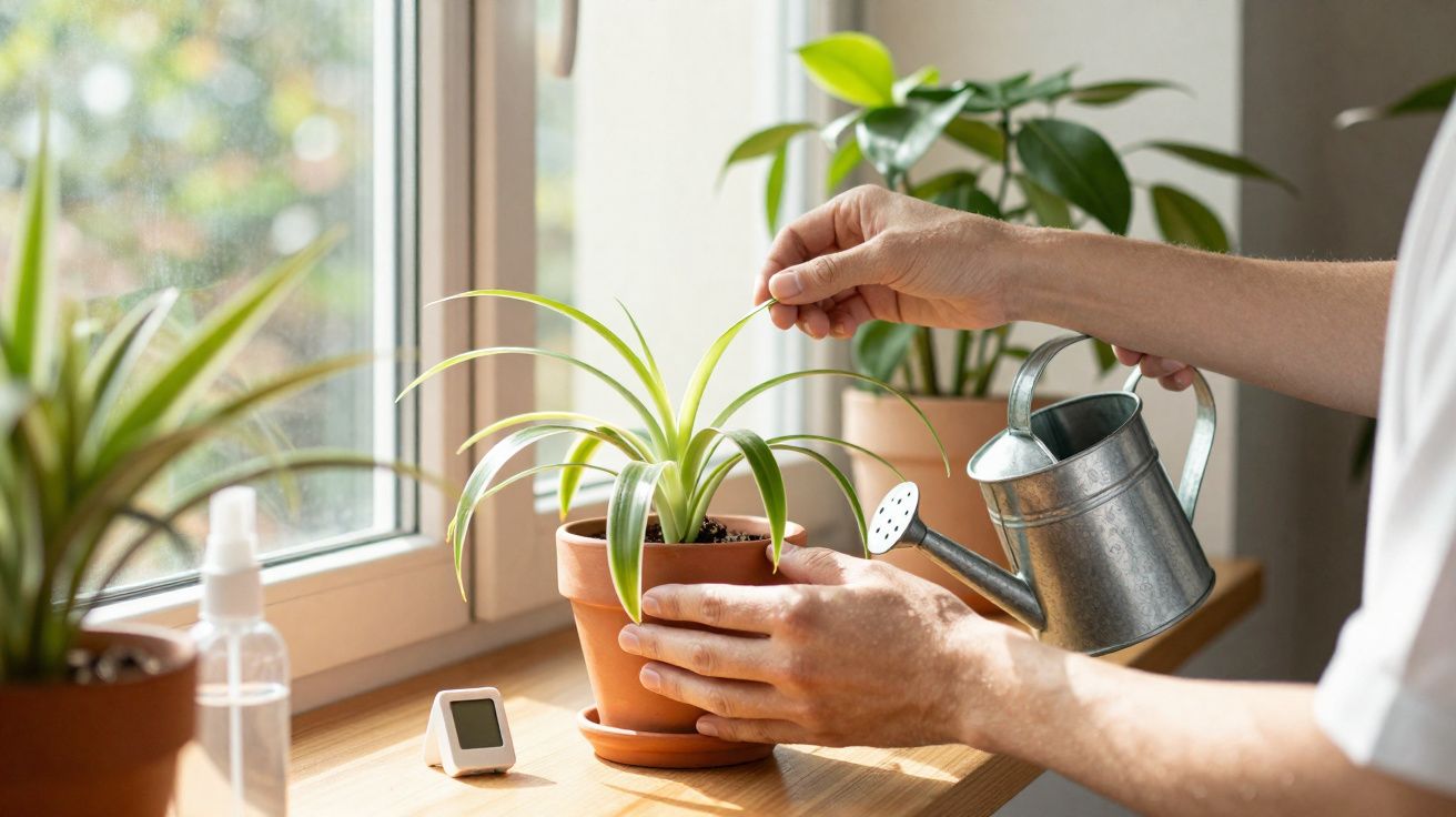 Pessoa cuidando de planta em vaso de barro próximo à janela iluminada pela luz natural.
