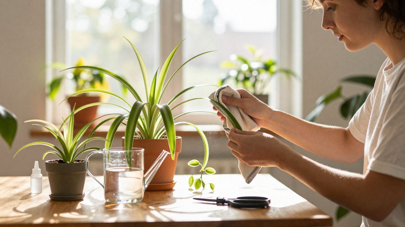 Pessoa limpando folhas de plantas domésticas em vaso sobre mesa iluminada por luz natural.