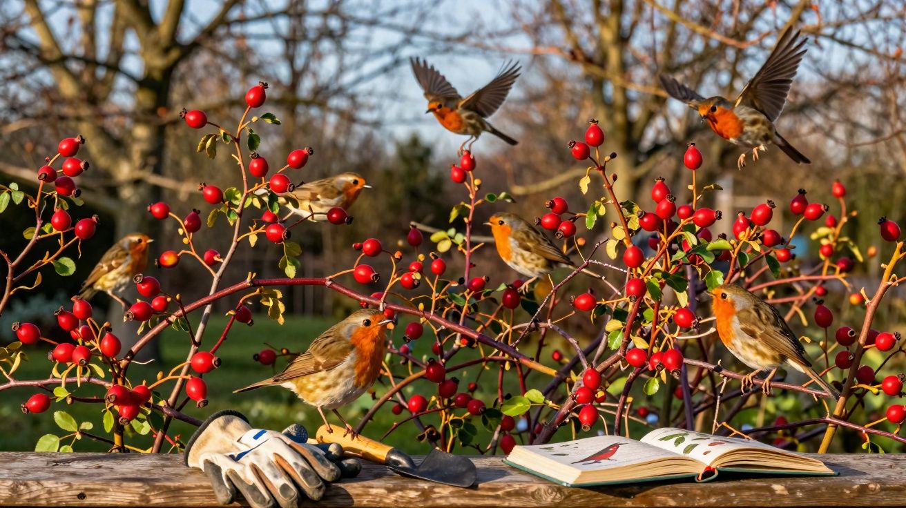 Pássaros vermelhos pousados em arbusto com bagas vermelhas, ao lado de luvas de jardinagem e livro aberto.