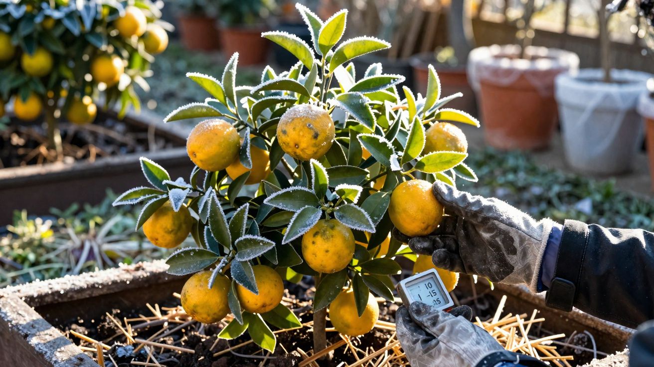 Pessoa com luvas segura termômetro ao lado de pequena árvore com frutas laranja cobertas de geada.