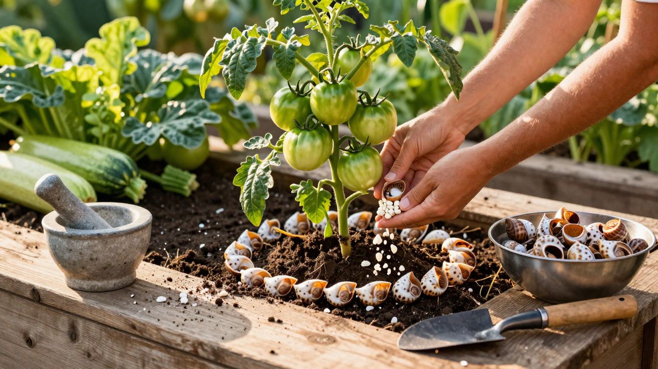 Mãos fertilizando planta de tomate verde em canteiro com cascas de caracóis ao redor e utensílios de jardinagem.