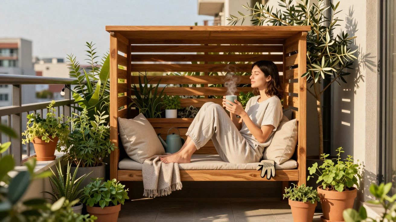 Mulher relaxa em banco de madeira em varanda com plantas, segurando xícara de bebida quente.