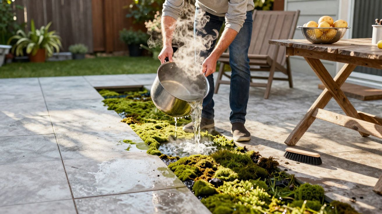 Pessoa derramando água quente de panela em jardim de musgo entre piso de cerâmica em área externa.