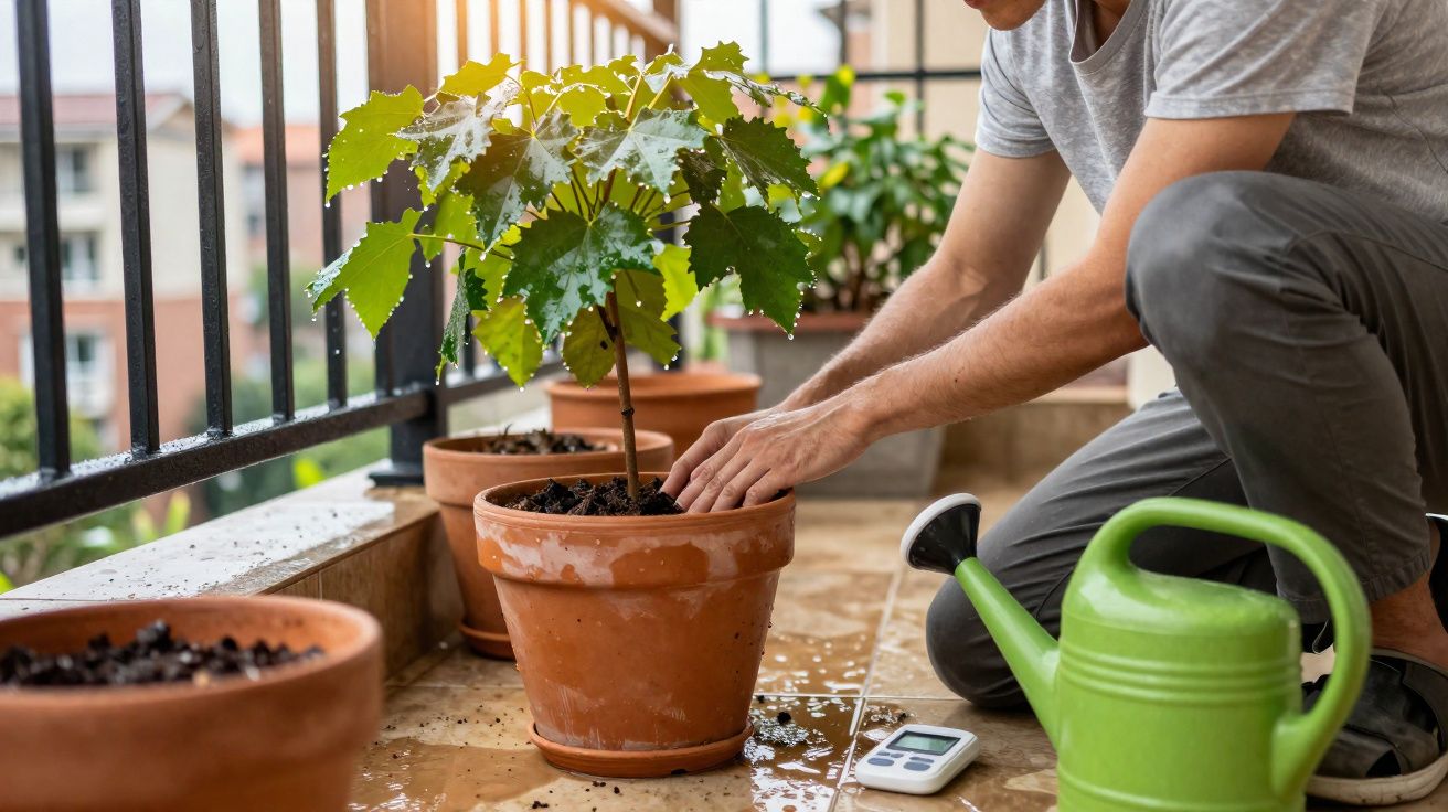 Pessoa cuidando de planta em vaso de barro em varanda com regador verde ao lado.