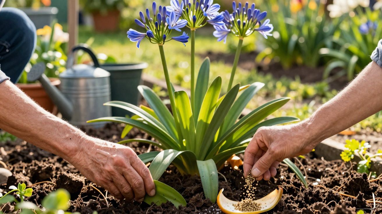 Duas mãos cuidando do solo ao redor de planta com flores roxas no jardim ensolarado.