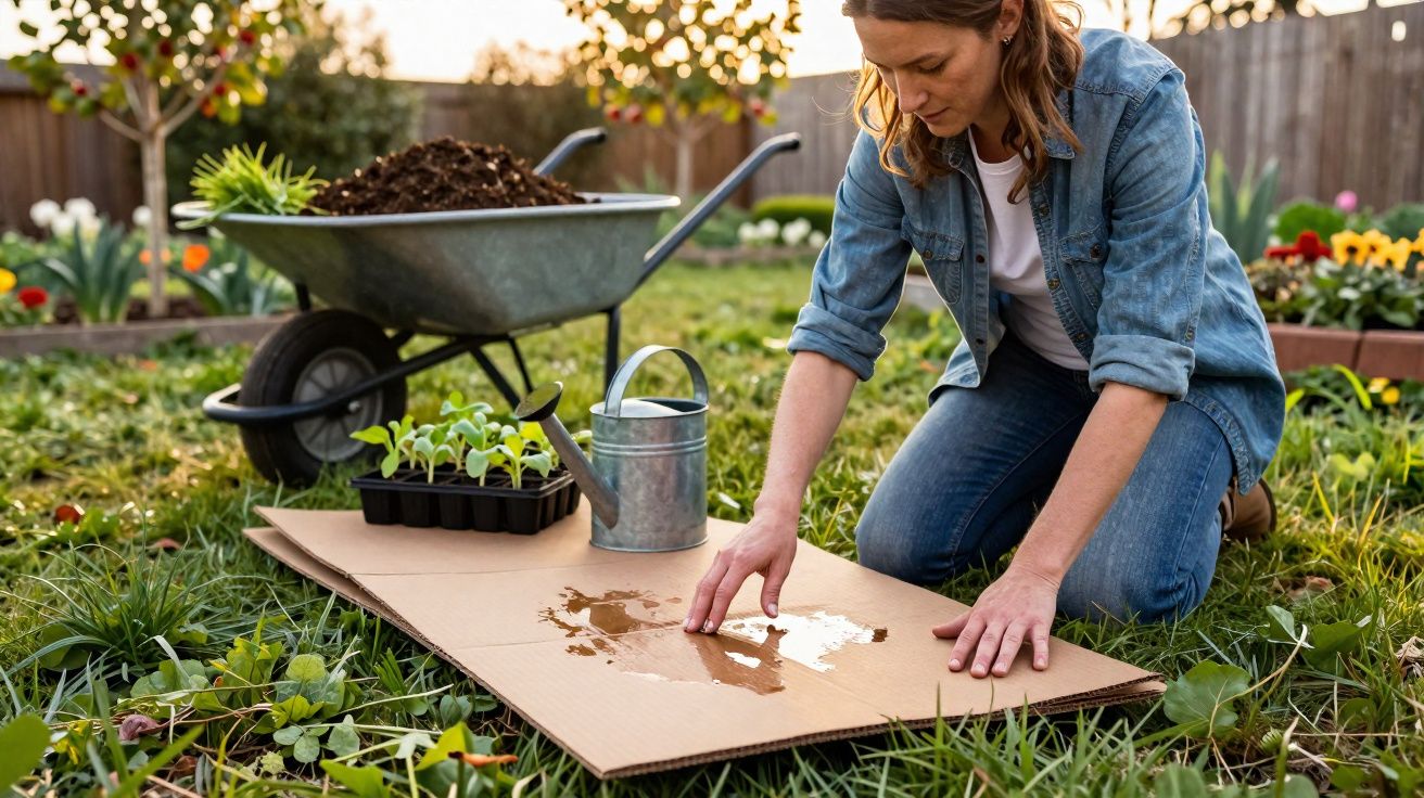 Mulher ajoelhada no jardim preparando solo com papelão e regador ao lado em dia ensolarado.