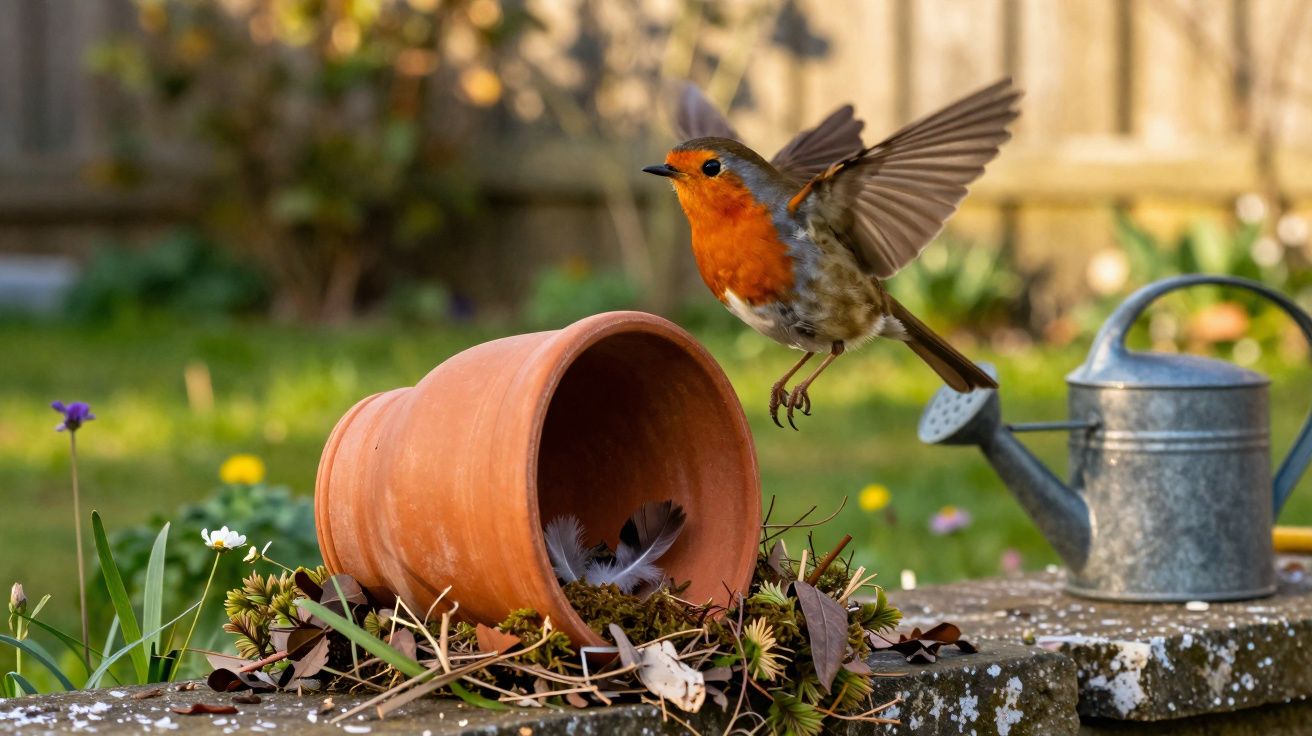 Pássaro com peito laranja voando perto de vaso de barro tombado e regador em jardim.