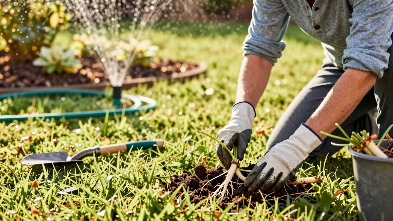 Pessoa com luvas plantando muda no jardim com regador e ferramentas ao redor em gramado verde.
