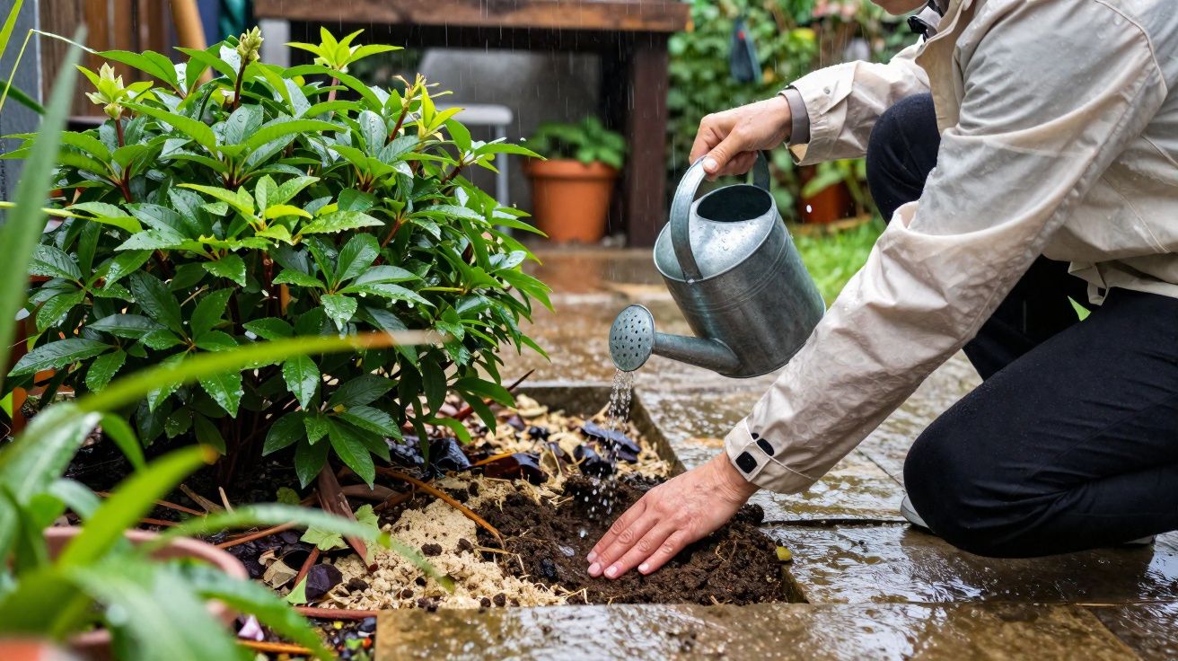 Pessoa agachada regando e cuidando do jardim em dia de chuva com regador metálico.