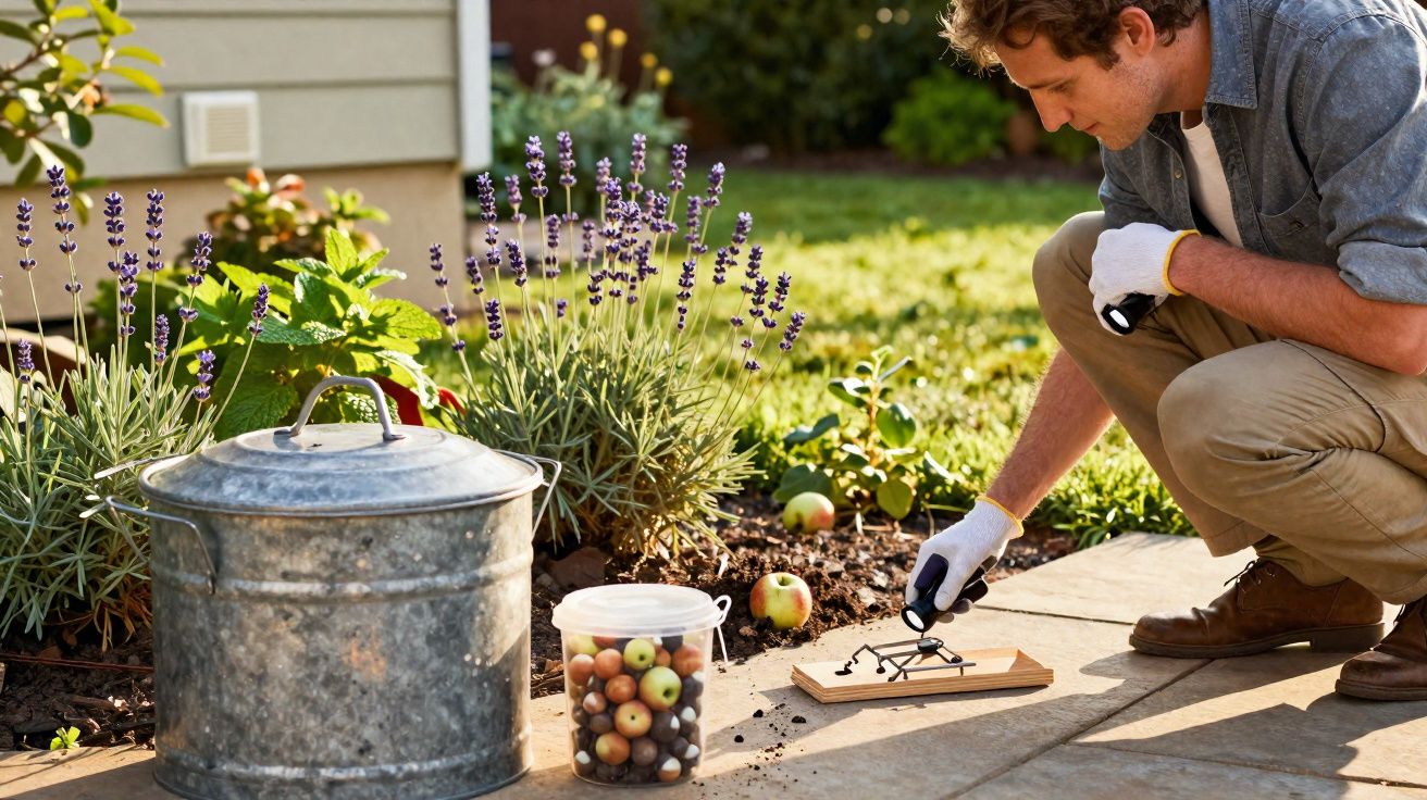 Homem coloca isca em armadilha para rato no jardim próximo a plantas e um balde de metal.