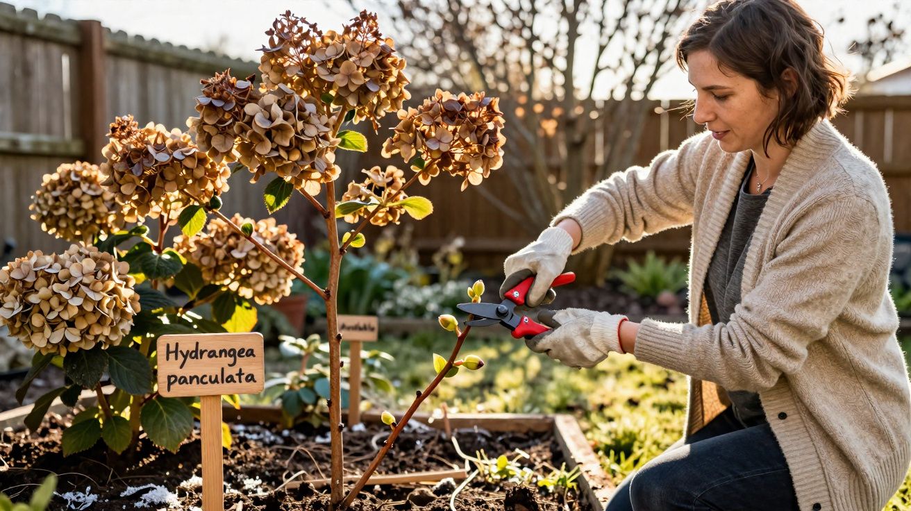 Mulher podando planta Hydrangea panculata em jardim com luvas e tesoura de poda.