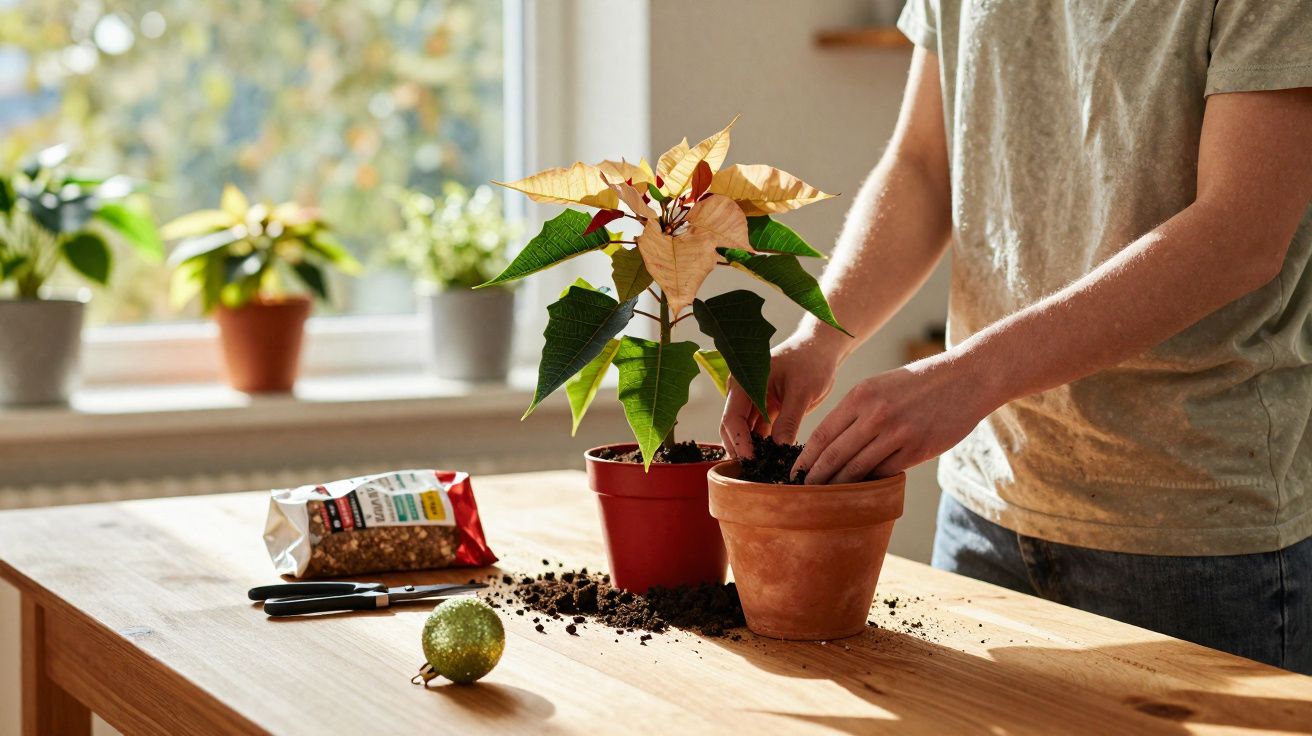Pessoa transplantando planta em vaso na mesa de madeira em ambiente iluminado por luz natural.