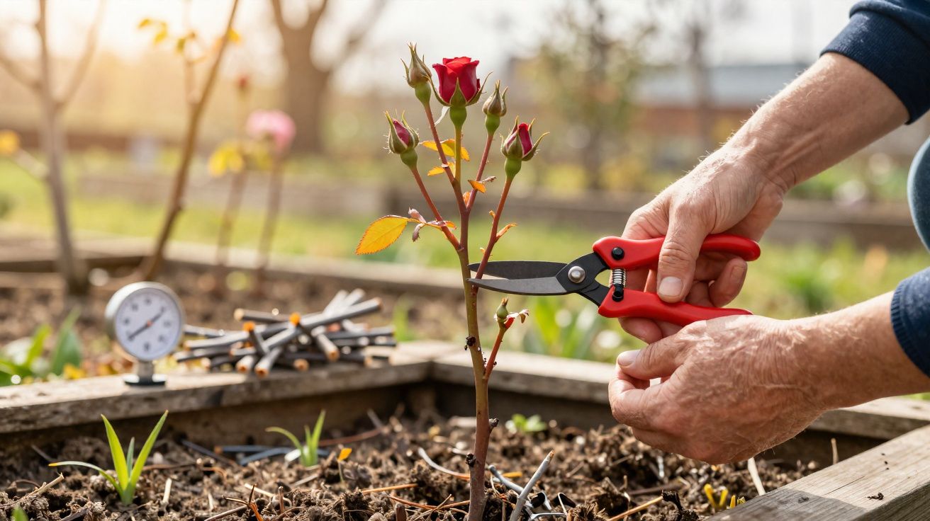 Pessoa podando uma rosa vermelha com tesoura de poda em canteiro de jardim ensolarado.
