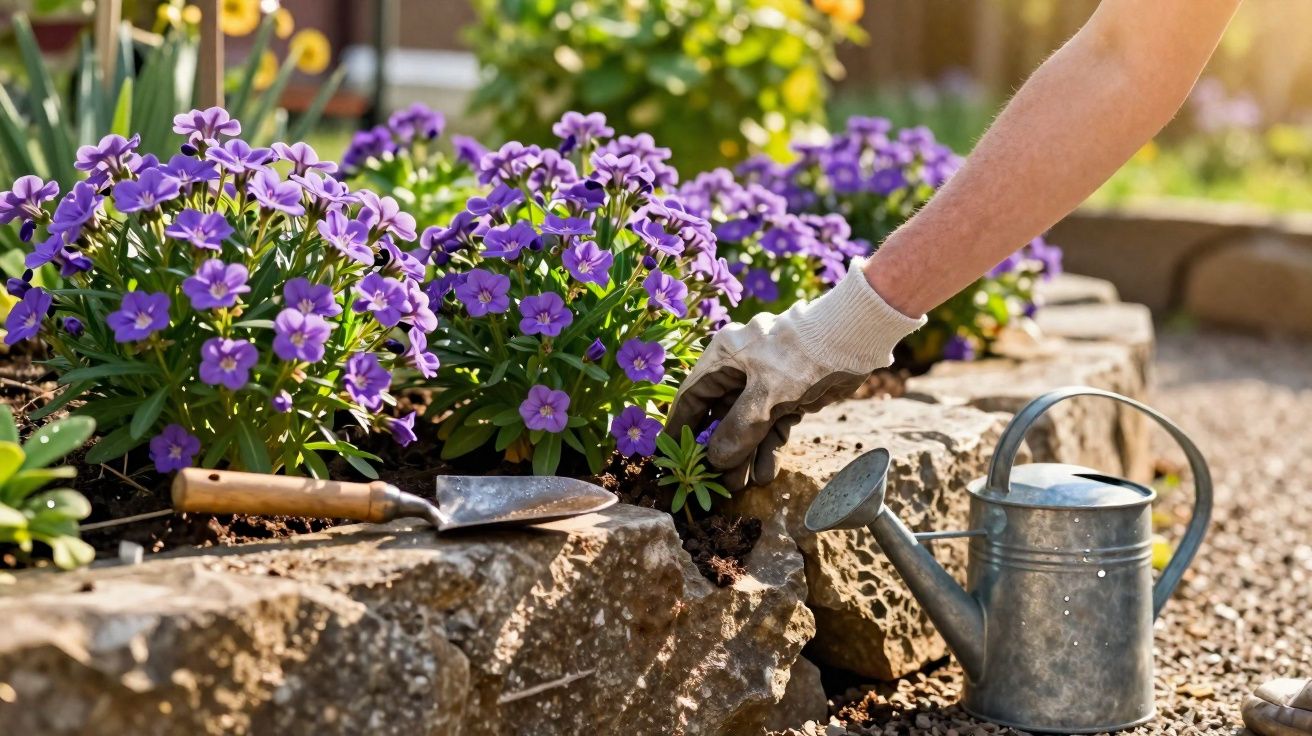 Pessoa com luva branca cuidando de flores roxas em canteiro de pedra com regador e pá de jardim ao lado