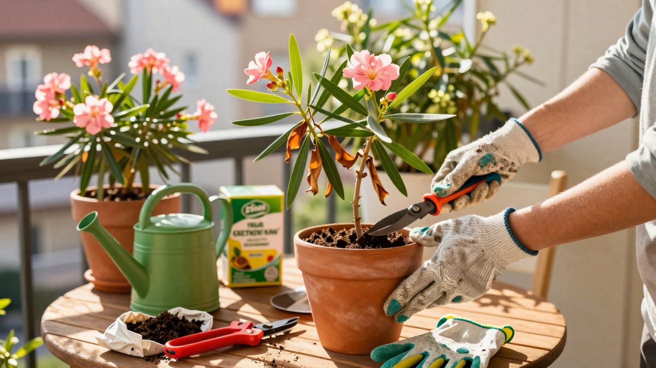 Pessoa usando luvas cuidando de planta com tesoura de poda em vaso de cerâmica na varanda.