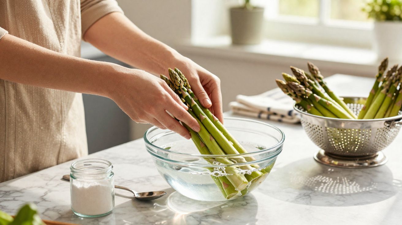 Pessoa lavando aspargos em uma tigela de vidro com água em uma bancada de cozinha.