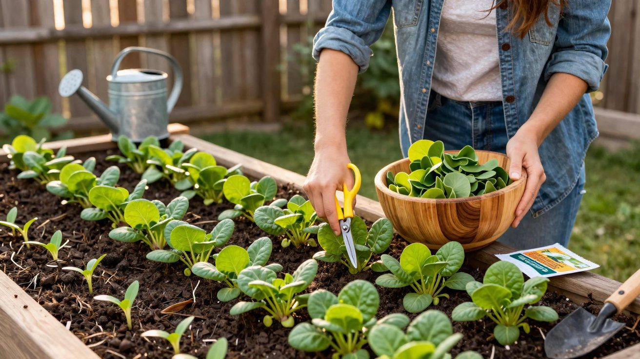 Pessoa colhendo folhas verdes em jardim suspenso com tesoura e balde de madeira.