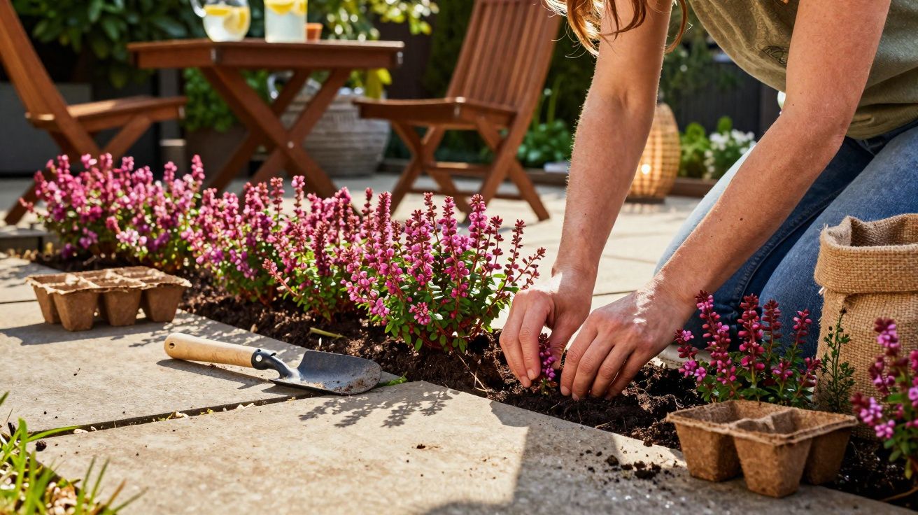Pessoa plantando flores roxas em um jardim ao ar livre com ferramenta de jardinagem ao lado.