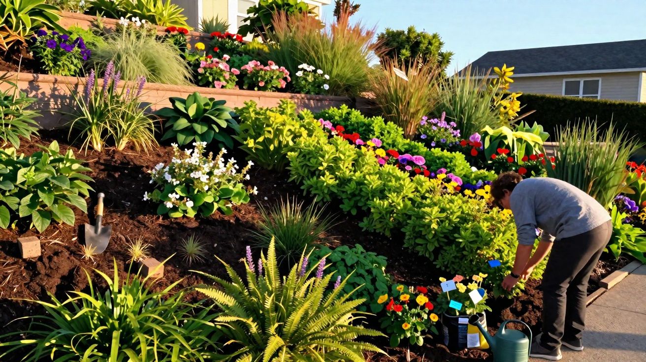 Jardim colorido com diversas flores e plantas, pessoa cuidando das plantas ao lado da calçada em dia ensolarado.