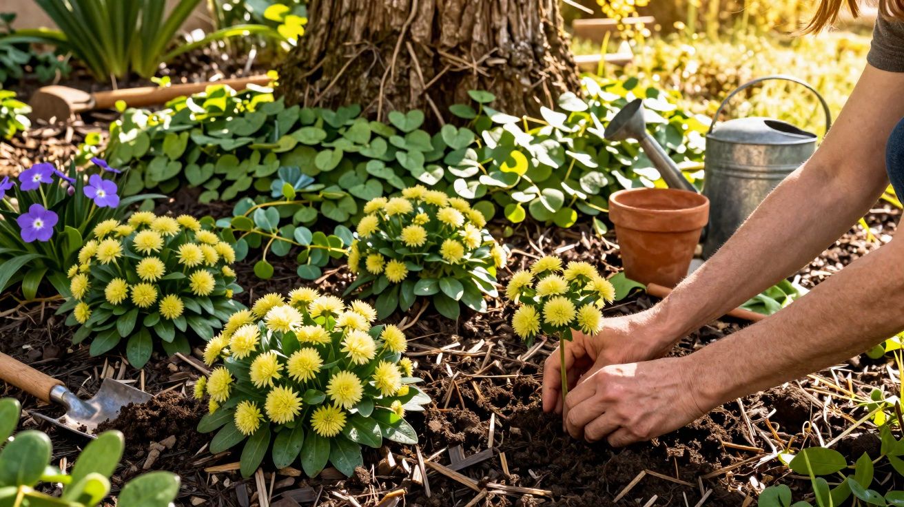Pessoa plantando flores amarelas em jardim com ferramentas e regador ao fundo.