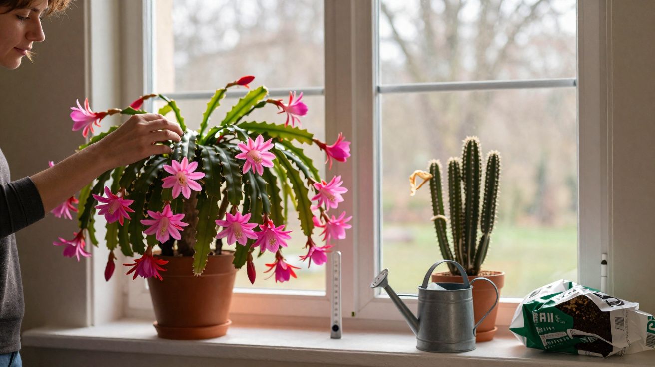 Pessoa cuidando de planta com flores rosas em vaso na janela com regador, cacto e terra.