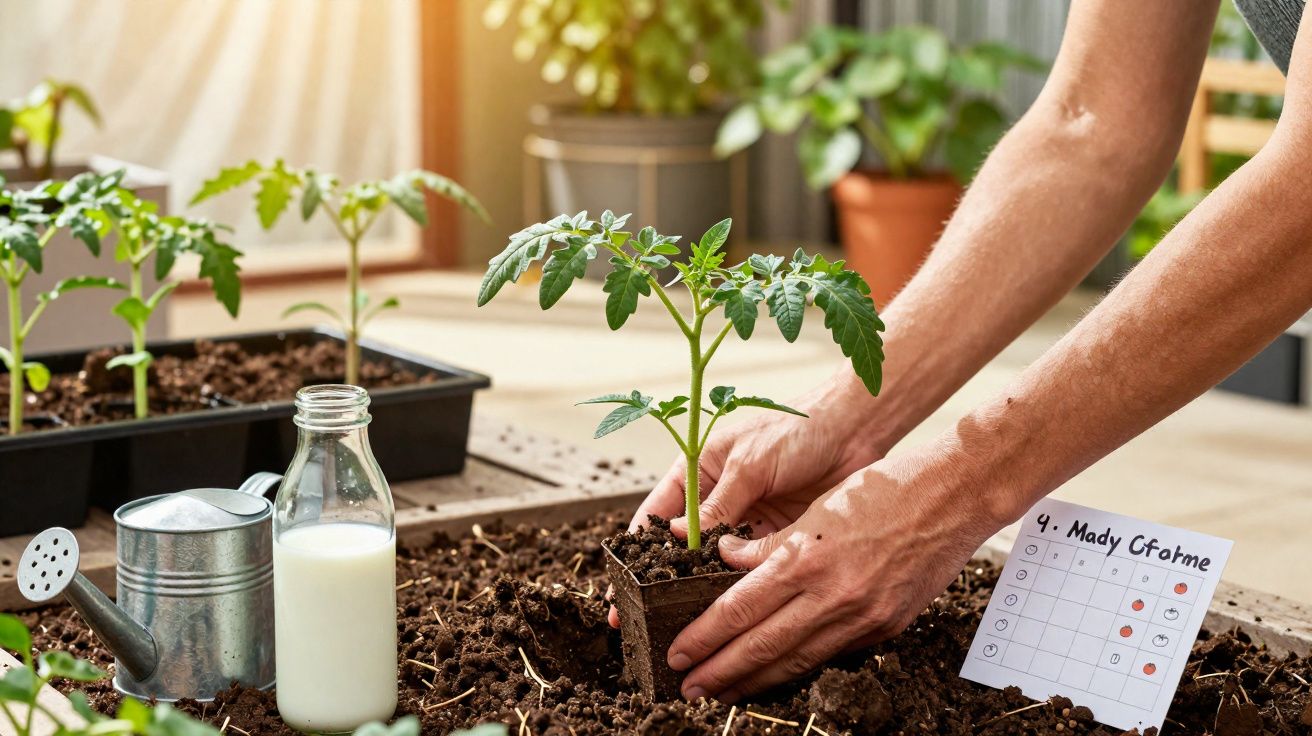 Mãos transplantando muda de tomate em vaso com regador, leite e tabela de cultivo ao lado.