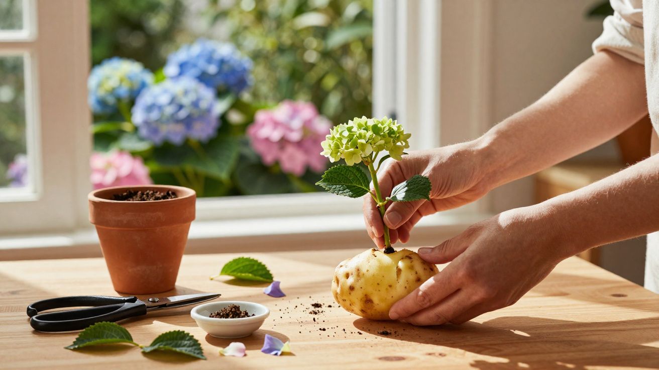 Mãos seguram muda de flor plantada em batata sobre mesa de madeira próxima a vaso, tesoura e terra.
