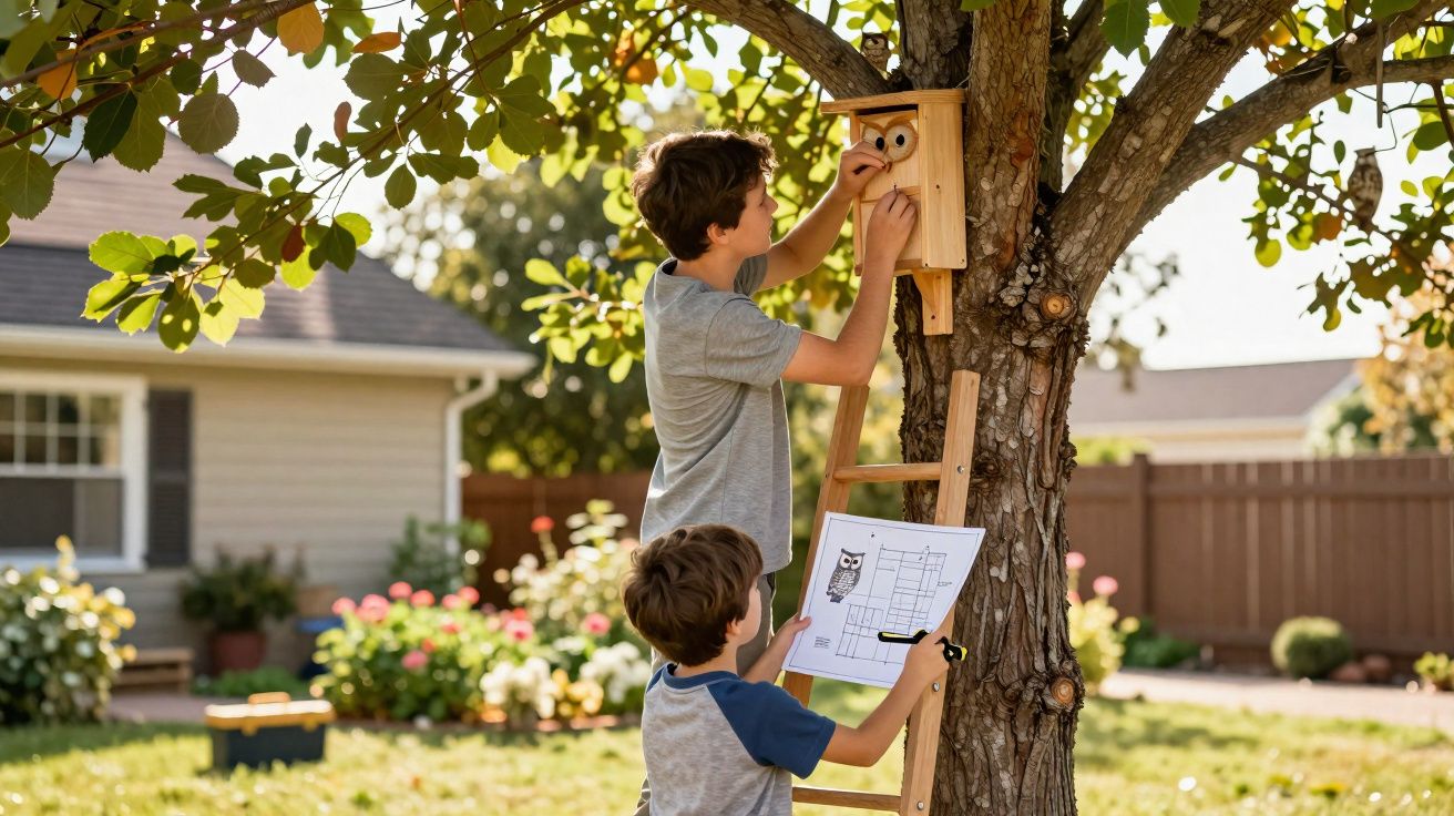 Duas crianças instalando uma casinha de passarinho em uma árvore no jardim durante o dia.