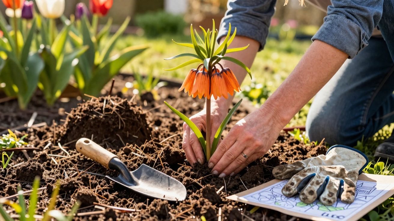 Pessoa plantando flor laranja em jardim, com pá, luvas e desenho no chão.