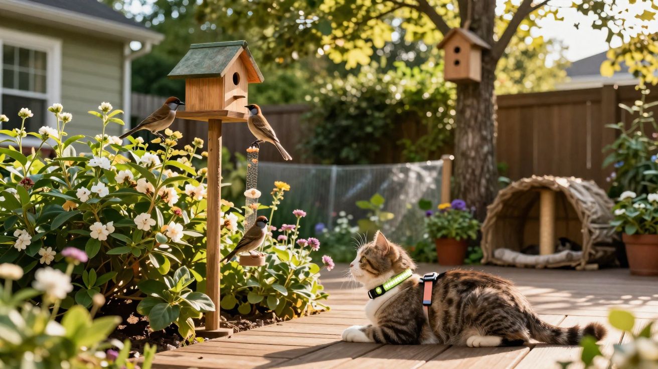 Gato observando pássaros em bebedouro de madeira em jardim florido com luz natural suave.