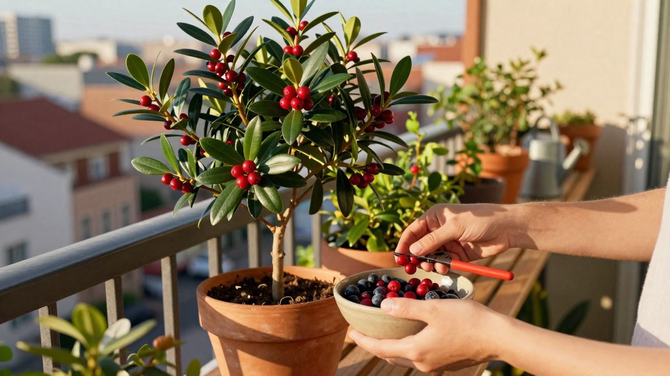 Pessoa colhendo frutas vermelhas de vaso em varanda ensolarada com vista para prédios ao fundo.