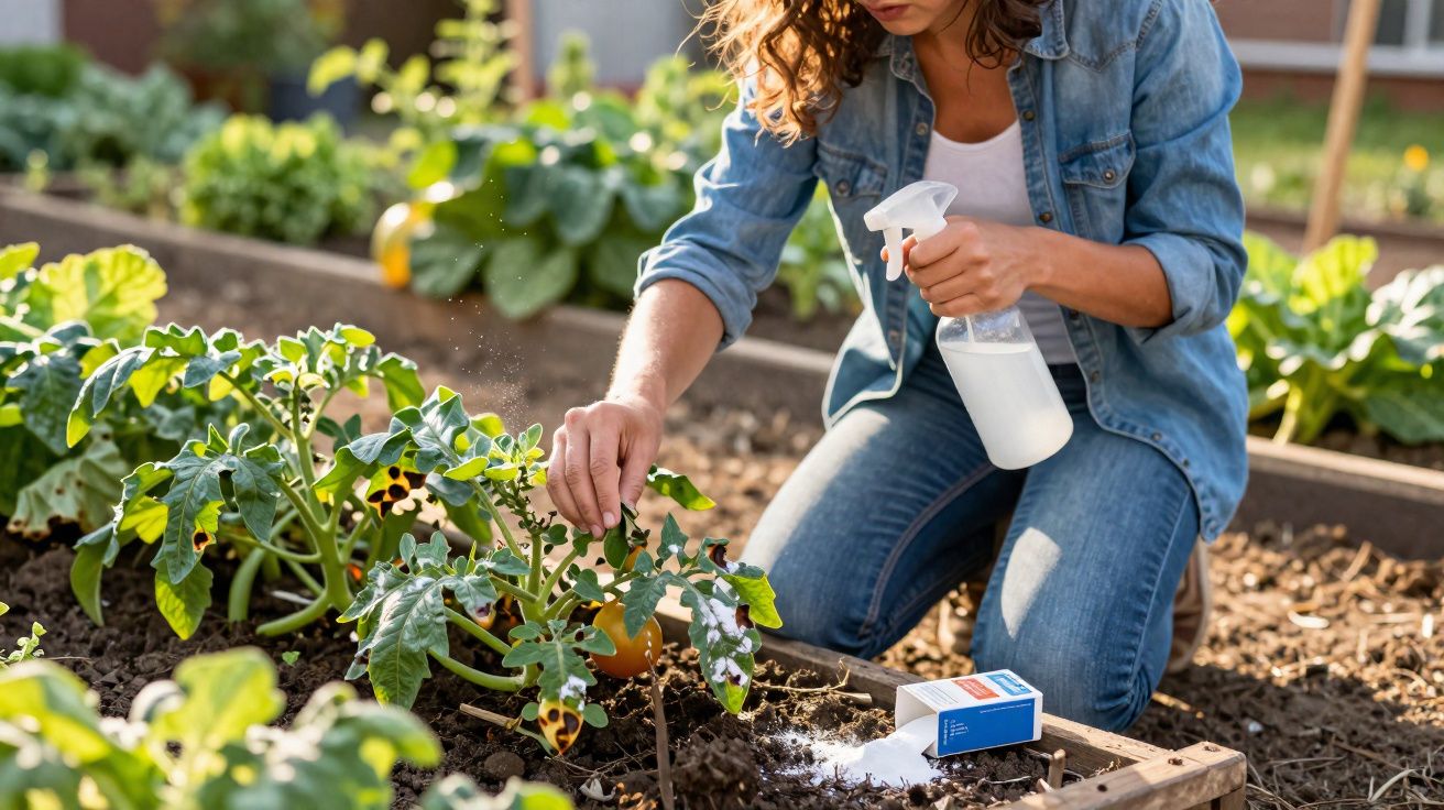Mulher cuidando de plantas em horta urbana, aplicando spray para proteger tomateiros doentes.