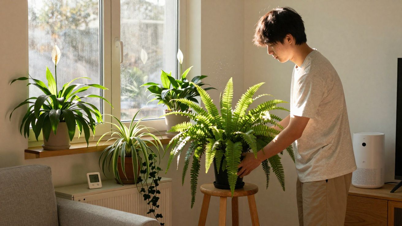 Jovem cuidando de samambaia em vaso sobre banquinho ao lado de janela com outras plantas na sala.