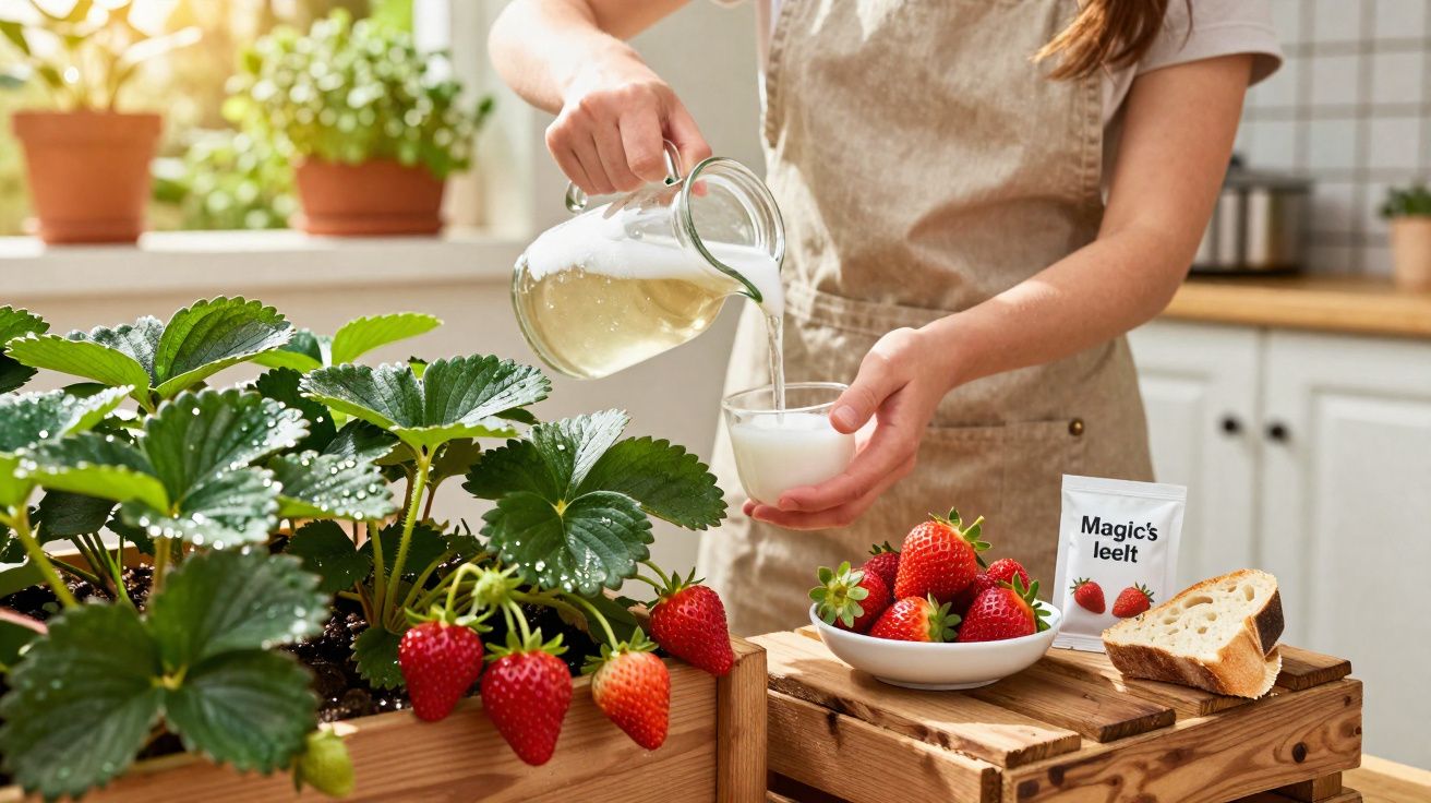Pessoa servindo leite em copo ao lado de morangos frescos em planta e cesta na cozinha.