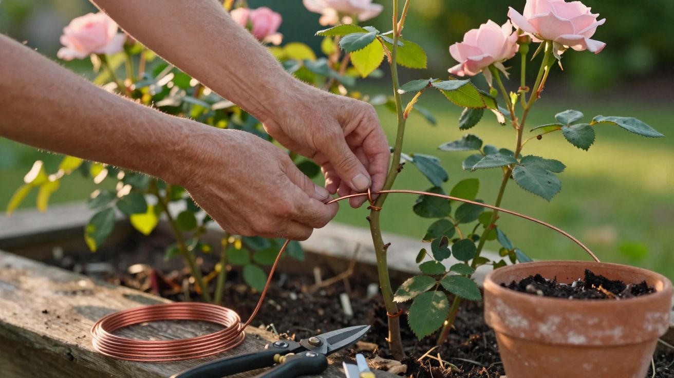Mãos amarram arame em caule de rosa cor-de-rosa, ao lado de tesoura de poda e vaso de barro.