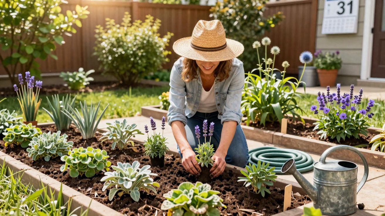 Mulher com chapéu plantando flores em canteiro de jardim ensolarado com regador e mangueira ao lado.