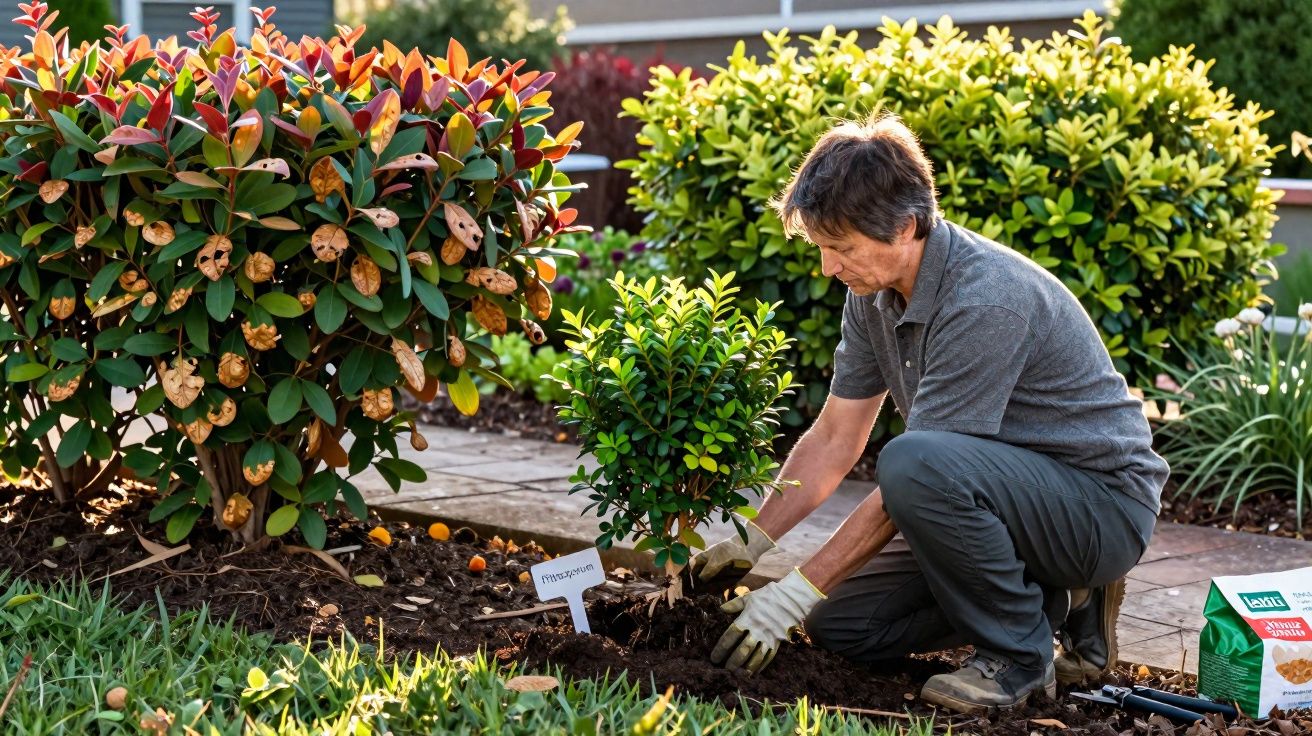 Pessoa plantando muda em jardim com arbustos ao redor e luz do sol ao fundo.