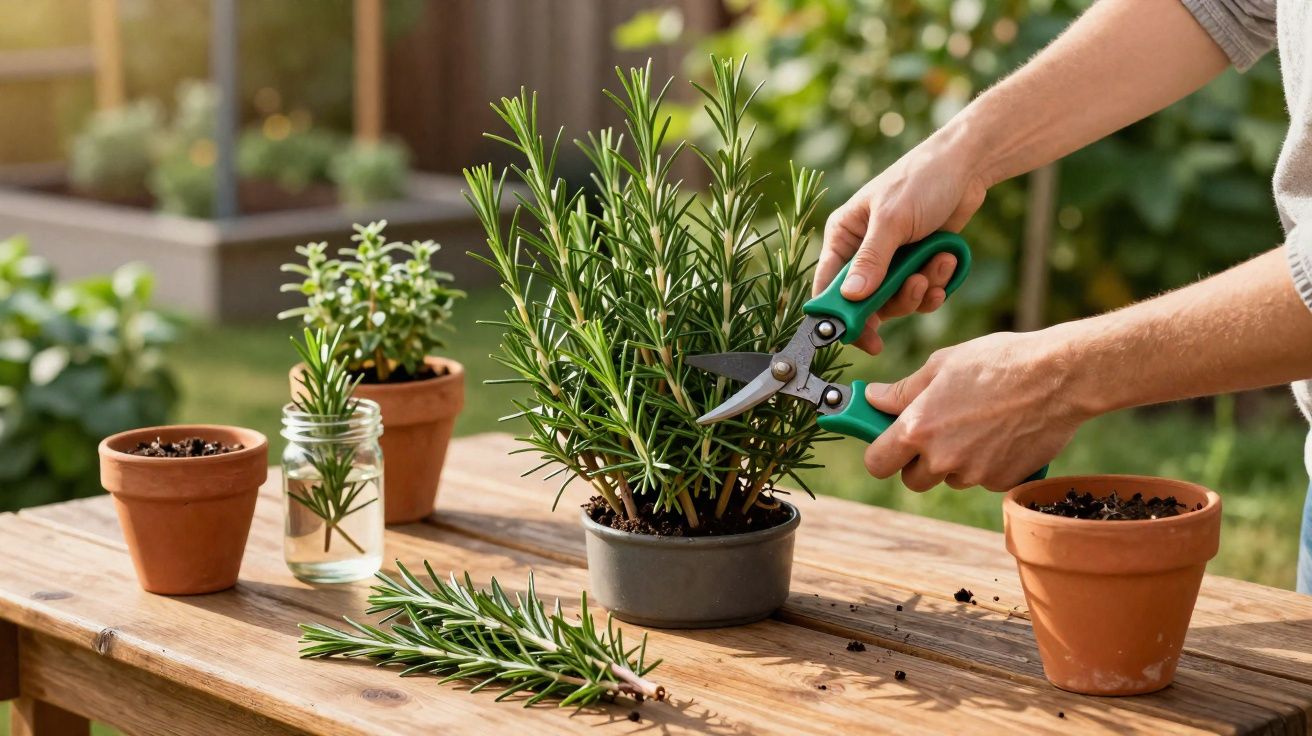 Pessoa podando alecrim em vaso sobre mesa de madeira em ambiente externo ensolarado.