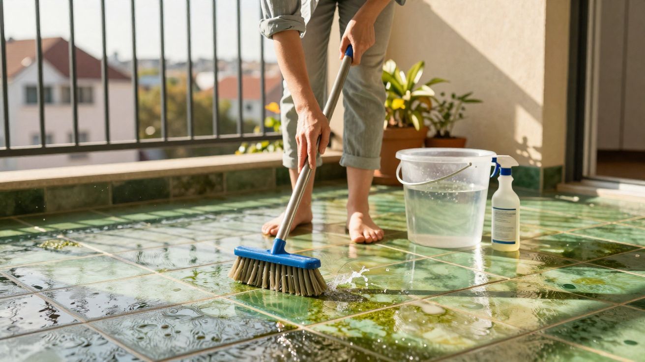 Pessoa limpando piso de varanda com escova, balde e produto de limpeza ao sol.