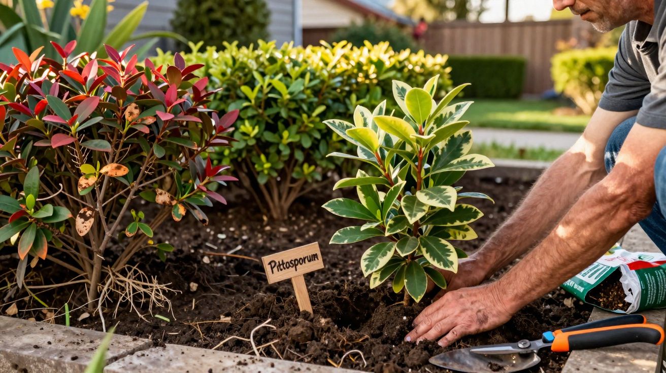 Pessoa plantando arbusto Pittosporum em canteiro de jardim com jardinagem e ferramentas ao redor.