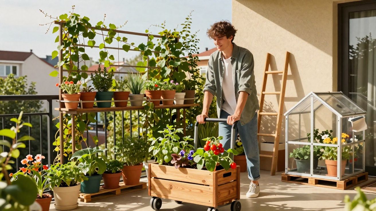 Jovem cuidando de plantas em varanda ensolarada com carrinho de madeira e mini estufa ao fundo.