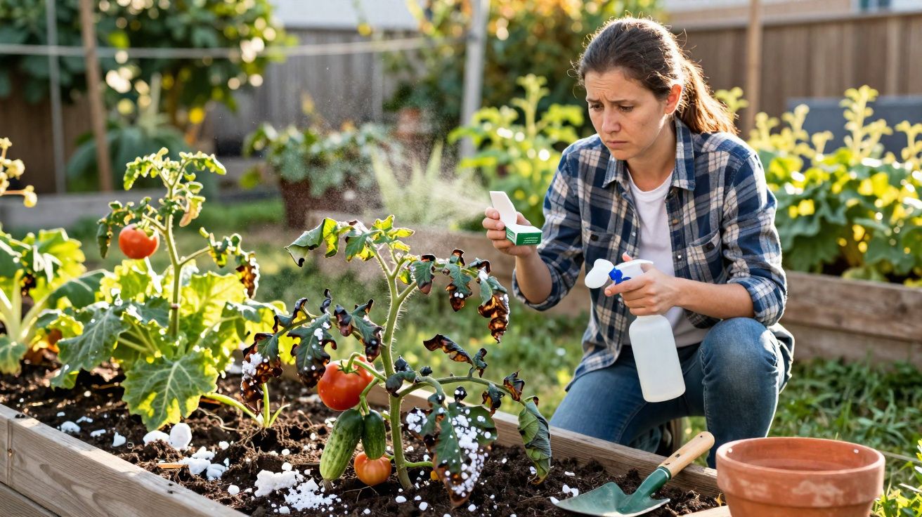 Mulher aplicando pesticida em tomateiras com folhas danificadas em horta caseira ao ar livre.