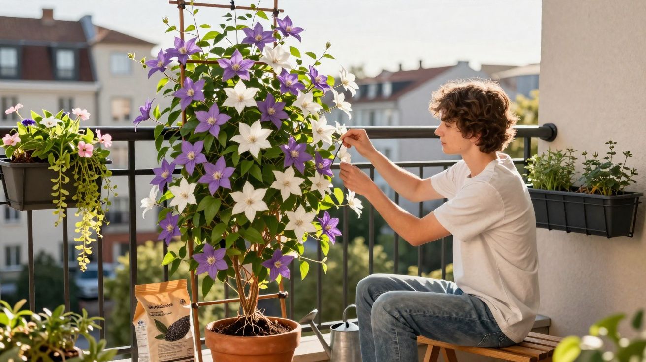 Jovem cuidando de planta com flores roxas e brancas em varanda ensolarada durante o dia.