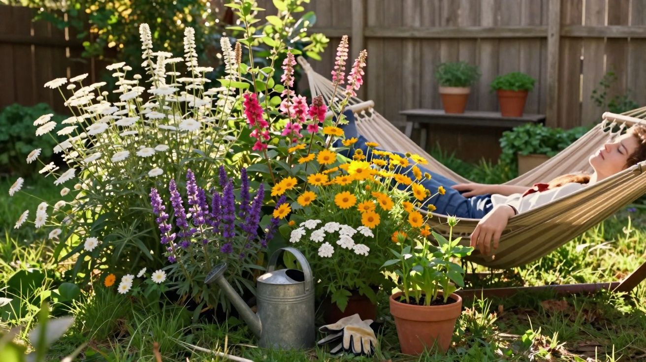 Pessoa descansando em rede ao lado de várias flores coloridas em jardim ensolarado