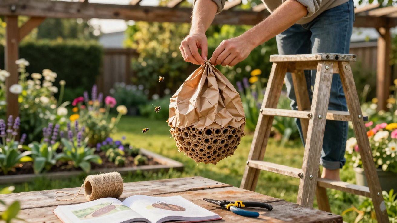 Pessoa segurando um casulo artificial para abelhas na mão em um jardim com ferramentas e livro aberto sobre a mesa.