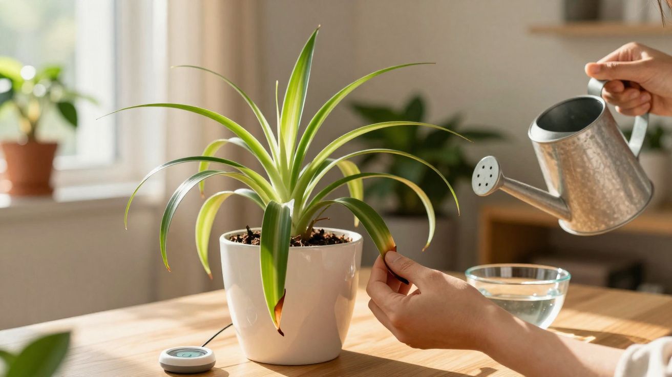 Pessoa regando planta verde em vaso branco sobre mesa de madeira em ambiente interno iluminado.